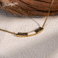 WNS-STL-1119GBG  Wrangler Natural Stone Gold Engraved Necklace -Beige