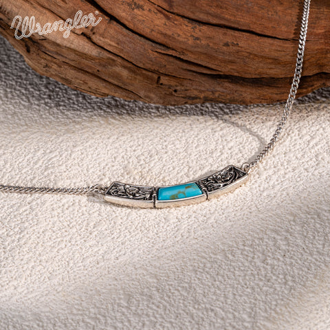 WNS-STL-1119STQ  Wrangler Natural Stone Silver Engraved Necklace -Turquoise