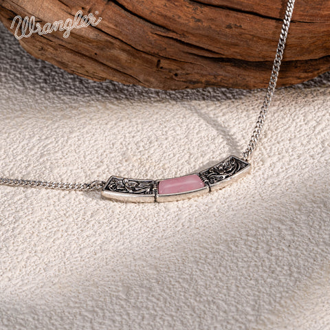 WNS-STL-1119SPK Wrangler Natural Stone Silver Engraved Necklace Pink