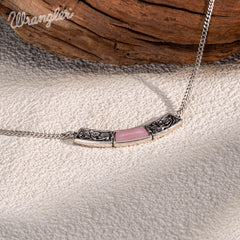 WNS-STL-1119SPK Wrangler Natural Stone Silver Engraved Necklace Pink