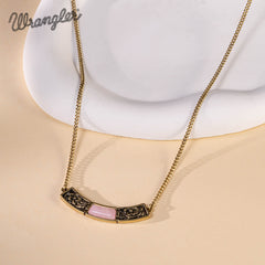 WNS-STL-1119GPK  Wrangler Natural Stone Gold Engraved Necklace -Pink