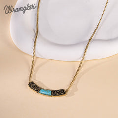 WNS-STL-1119GTQ Wrangler Natural Stone Gold Engraved Necklace -Turquoise