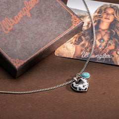 WNS2-1129S  Wrangler Cow-Print Natural Stone Pendant Silver Necklace Earrings Set - Turquoise
