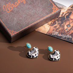 WGE-1129G  Wrangler Gold Cow Print Heart Shape Dangling Earrings - Turquoise