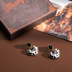 WGE-1129G  Wrangler Gold Cow Print Heart Shape Dangling Earrings -Black