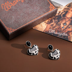 WGE-1129S  Wrangler Silver Cow Print Heart Shape Dangling Earrings - Black