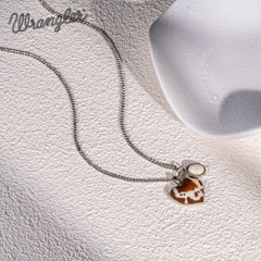WNS2-1129S  Wrangler Cow-Print Natural Stone Pendant Silver Necklace Earrings Set - Beige