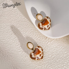 WGE-1129G  Wrangler Gold Cow Print Heart Shape Dangling Earrings -Beige