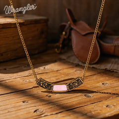 WNS-STL-1119GPK  Wrangler Natural Stone Gold Engraved Necklace -Pink