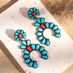 ER-1009 Rustic Couture's Turquoise  Squash Blossom Drop Earrings - By Pairs