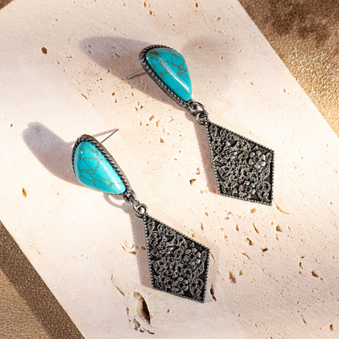ER-1026 Rustic Couture's  Bohemian Turquoise Stone Tear Drop Earrings - By Dozen