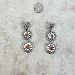 ER221115-05 3 Silver Natural Stone Center Flower Concho Dangle Earring