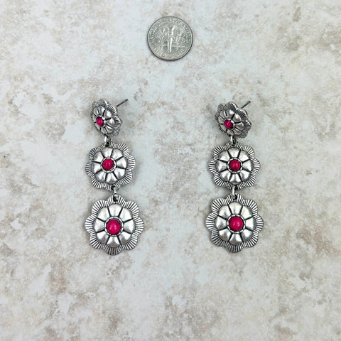 ER221115-05 3 Silver Natural Stone Center Flower Concho Dangle Earring