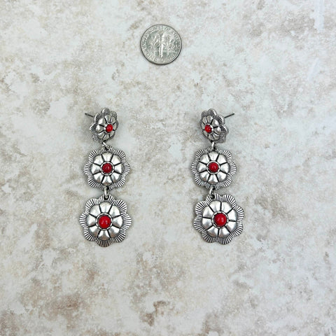 ER221115-05 3 Silver Natural Stone Center Flower Concho Dangle Earring