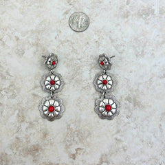 ER221115-05 3 Silver Natural Stone Center Flower Concho Dangle Earring