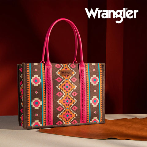 WG2203-8119 Wrangler Southwestern Pattern Dual Sided Print Canvas Wide Tote  Hot Pink