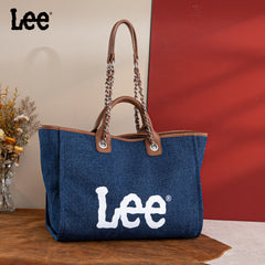 LEE45-345  LEE Canvas Denim Top Handle/Chain Strap Wide Tote