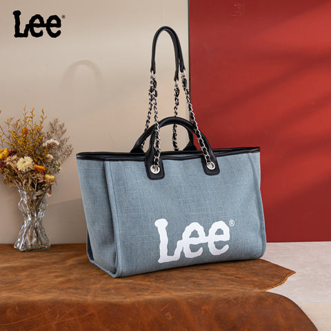 LEE45-345  LEE Canvas Denim Top Handle/Chain Strap Wide Tote