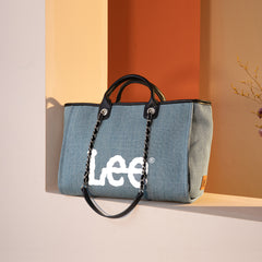 LEE45-345  LEE Canvas Denim Top Handle/Chain Strap Wide Tote