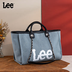 LEE45-345  LEE Canvas Denim Top Handle/Chain Strap Wide Tote