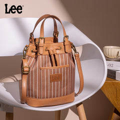 LEE56-003  LEE Striped Denim Canvas Drawstring Bucket Bag/Crossbody Convertible Backpack