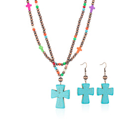 RNS-1039  Rustic Couture's  Double Layered Beaded Necklace Cross Pendant Earrings Set