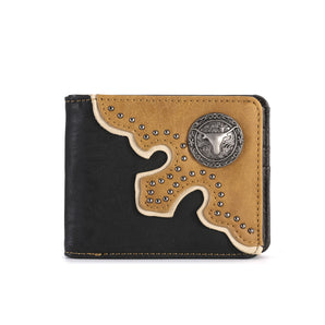 MW-605 Color Block Longhorn Concho Men's Bifold PU Leather Wallet