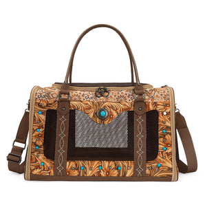 MW-HB-1386-8000-BR Montana West Western Tooled Pet Carrier Bag with Turquoise Accents - Brown