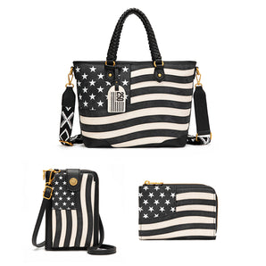 MW-MX-SET3-1385-BK Montana West American Flag Tote Bag 3 Piece Set - Black