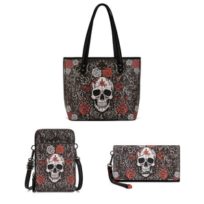MW-MX-SET3-1404-BK Montana West Halloween Skull Rose Tote Bag 3 Piece Set - Black