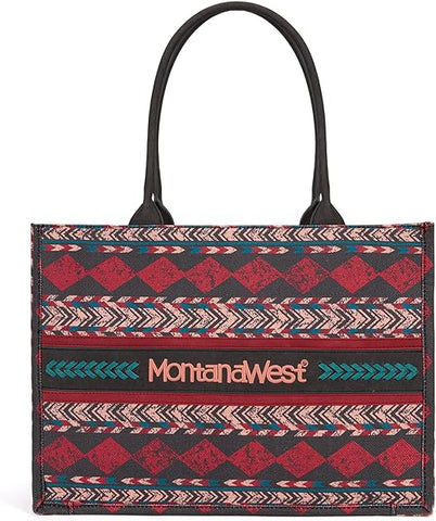 MW01G-8119  Montana West Boho Print Concealed Carry Wide Tote Burgundy