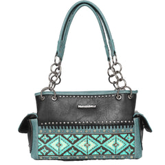 &MW1066G-8085BK Montana West Aztec Tooled Collection Concealed Carry Satchel with Matching Wallet