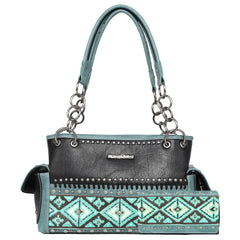 &MW1066G-8085BK Montana West Aztec Tooled Collection Concealed Carry Satchel with Matching Wallet