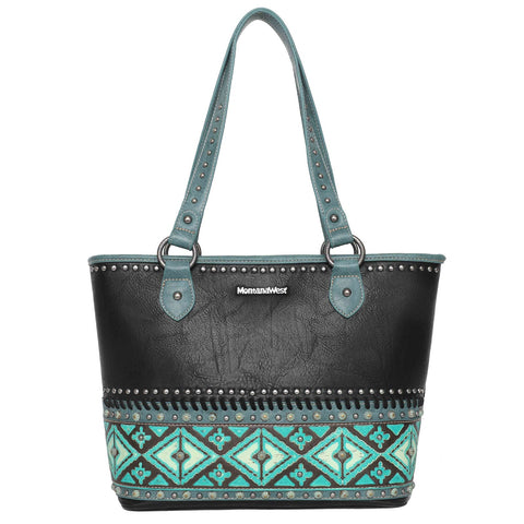 &MW1066G-8317BK Montana West Aztec Tooled Collection Concealed Carry Western Tote With Matching Wallet
