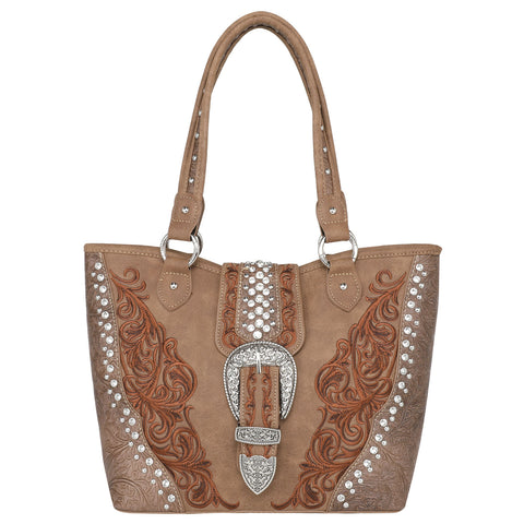 MW1079G-8317W   Montana West Buckle Collection Concealed Carry Tote Wallet Set - Brown