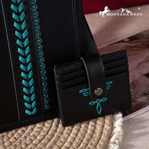 MW1124-H8120SW  Montana West Whipstitch Concealed Carry Tote With Matching Bi-Fold Wallet - Black-Turquoise