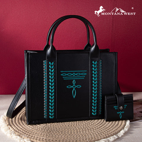 MW1124-H8120SW  Montana West Whipstitch Concealed Carry Tote With Matching Bi-Fold Wallet - Black-Turquoise