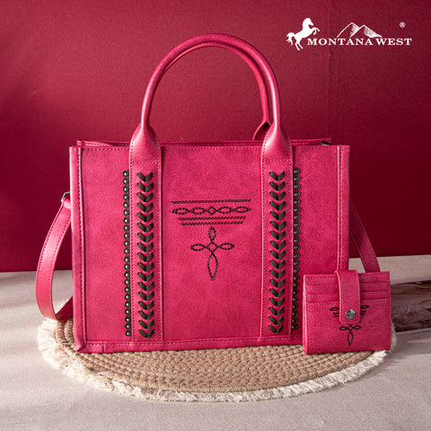 MW1124-H8120SW  Montana West Whipstitch Concealed Carry Tote With Matching Bi-Fold Wallet - Hot Pink