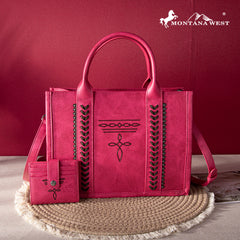 MW1124-H8120SW  Montana West Whipstitch Concealed Carry Tote With Matching Bi-Fold Wallet - Hot Pink
