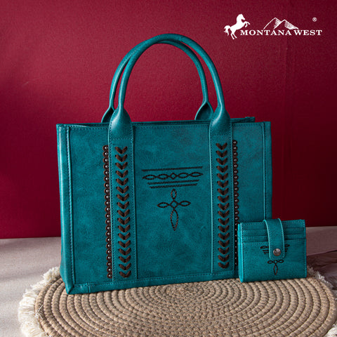 MW1124-H8120SW  Montana West Whipstitch Concealed Carry Tote With Matching Bi-Fold Wallet - Turquoise