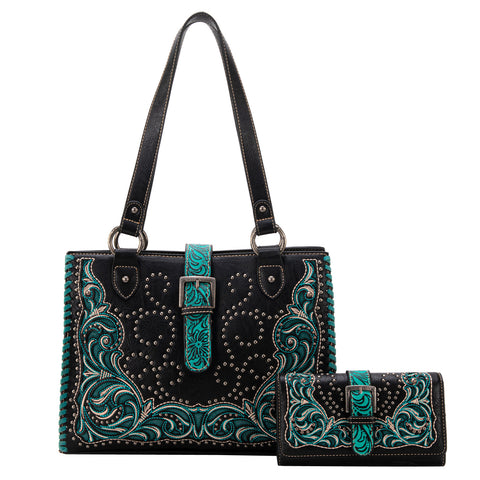 MW1143G-8317W  Montana West Cut-Out/Buckle Collection Concealed Carry Tote Wallet Set - Black