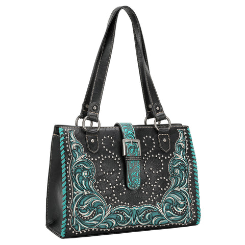 MW1143G-8317W  Montana West Cut-Out/Buckle Collection Concealed Carry Tote Wallet Set - Black