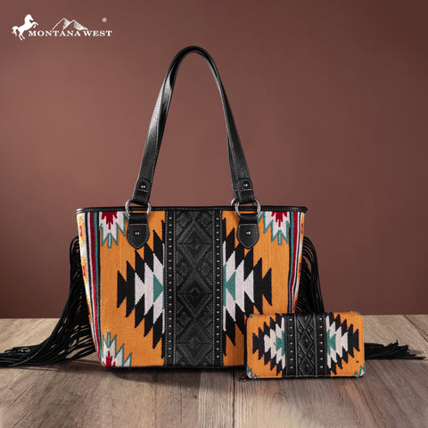MW1172G-8317WBK Montana West Aztec Tapestry Concealed Carry Tote Wallet Set- Black