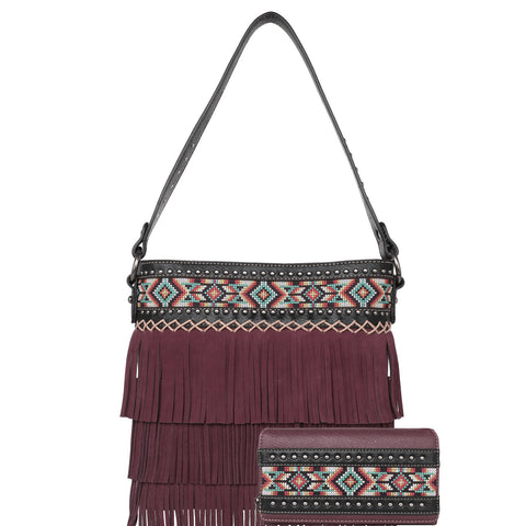 &MW1203G-918  Montana West Aztec Tiered Fringe Concealed Carry Hobo And Wallet Set