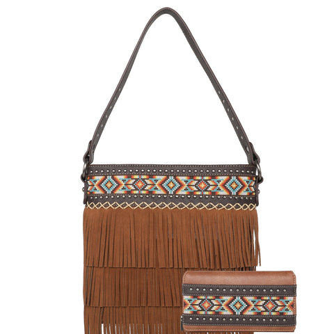 &MW1203G-918  Montana West Aztec Tiered Fringe Concealed Carry Hobo And Wallet Set