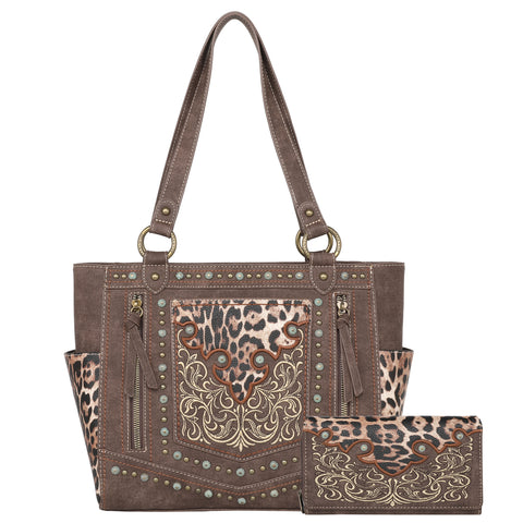 MW1213G-8317W  Montana West Leopard Print Concealed Carry Tote Wallet Set - Coffee