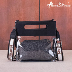 MW1251 -199  Montana West Western Fringe Stadium Clear Crossbody Bag with Detachable Pouch - Black