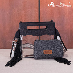 MW1251 -199  Montana West Western Fringe Stadium Clear Crossbody Bag with Detachable Pouch - Black