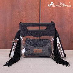 MW1251 -199  Montana West Western Fringe Stadium Clear Crossbody Bag with Detachable Pouch - Black