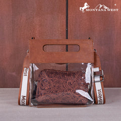 MW1251  Montana West Western Fringe Stadium Clear Crossbody Bag with Detachable Pouch - Brown
